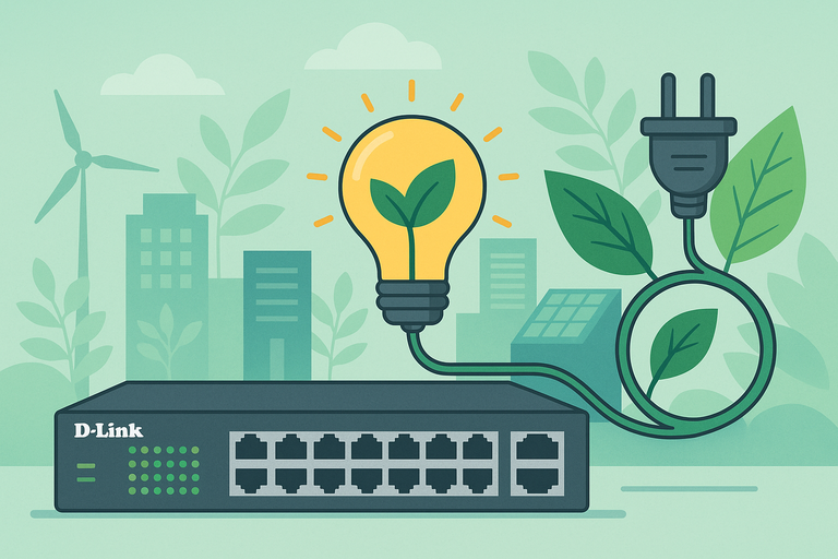 A digital illustration showcases eco-efficient D-Link technology, featuring a network switch, green leaves, a glowing lightbulb with a leaf inside, and an energy plug in a sustainable cityscape with solar panels and wind turbines.