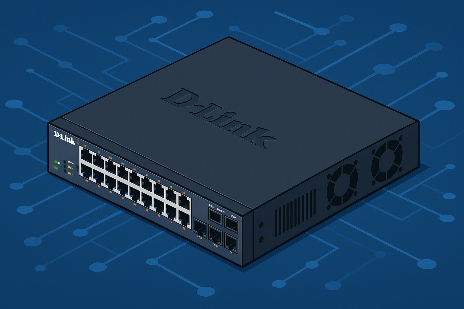 2D digital illustration of a D-Link rackmount PoE network switch with 24 Ethernet ports, cooling fans, and smart indicators, set against a stylized blue circuit board background representing enterprise networking.