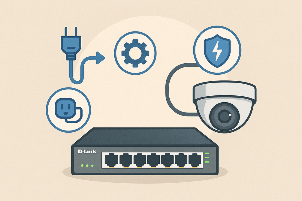 Text: Illustration of a D-Link PoE switch connected to a security camera with icons representing power, setup ease, and surge protection.