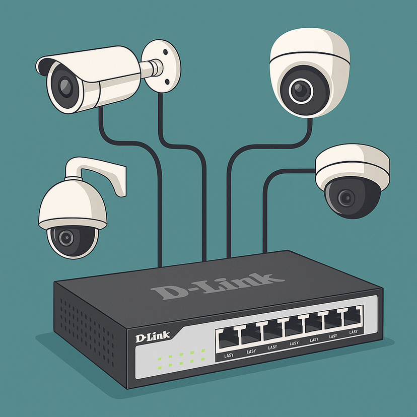Illustration of a D-Link PoE switch powering four different security cameras, including bullet, dome, and PTZ models, connected via Ethernet cables against a teal background.