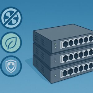 Illustration of three stacked D-Link fanless network switches on the right, with three circular icons on the left representing fanless design, energy efficiency, and reliability, all set against a blue gradient background