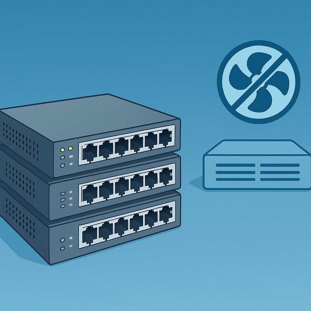 Illustration of three stacked D-Link fanless Ethernet switches on a blue gradient background, accompanied by a crossed-out fan icon and a passive vented device symbol, representing silent operation and heat dissipation.