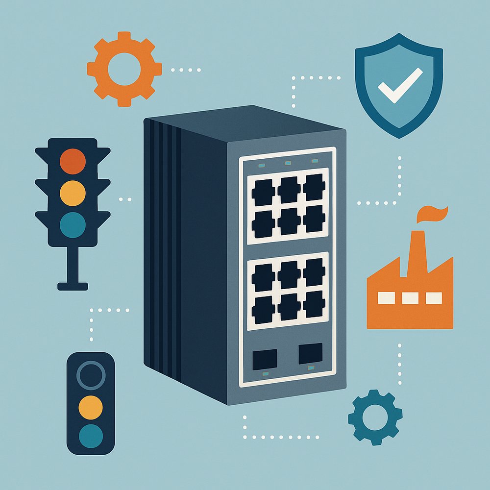 Illustration of a D-Link industrial Ethernet switch with multiple ports, surrounded by icons representing traffic systems, manufacturing, a security shield, and gears, symbolizing connectivity, durability, and industrial application.