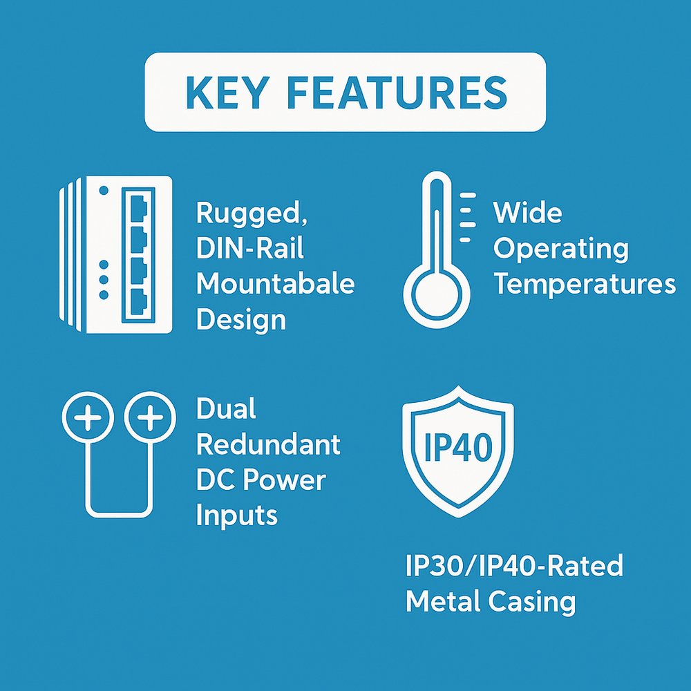 Illustration highlighting four key features of D-Link industrial-grade switches with icons and labels: rugged DIN-rail mountable design, wide operating temperatures, dual redundant DC power inputs, and IP30/IP40-rated metal casing.