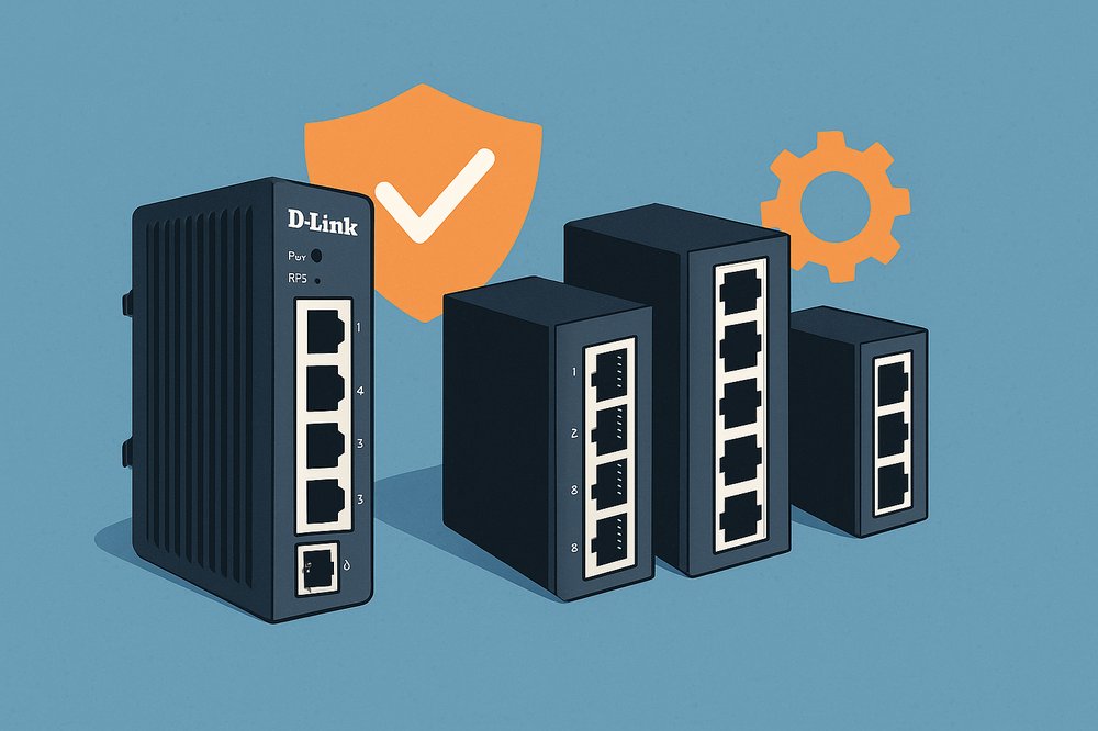 Illustration of rugged D-Link industrial Ethernet switches with multiple ports, set against a blue background, accompanied by icons of a shield and gear symbolizing durability and industrial use.