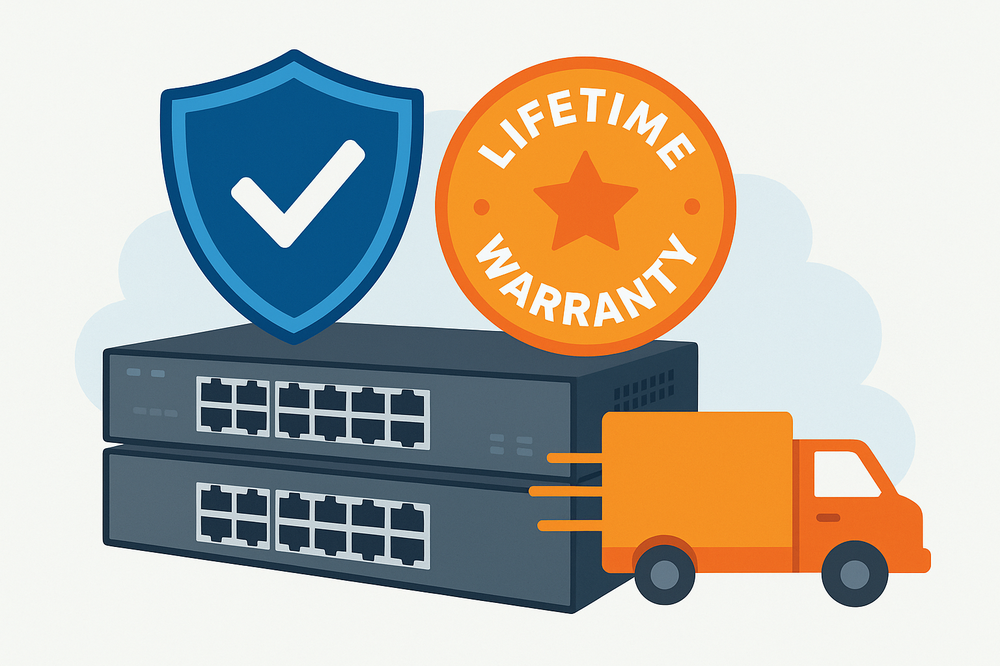 Illustration representing the D-Link lifetime warranty replacement, featuring two stacked network switches, a blue shield with a checkmark symbolizing protection, an orange "Lifetime Warranty" badge, and a delivery truck indicating next-business-day service.