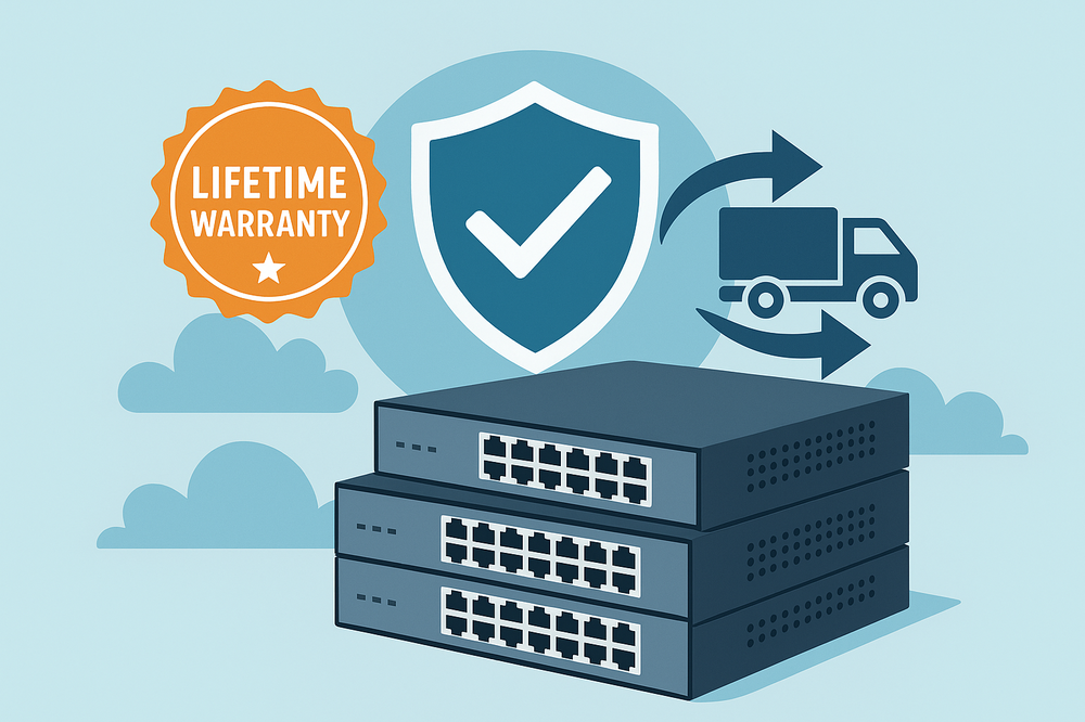 Illustration of D-Link network switches with a blue shield and checkmark symbolizing security, an orange "Lifetime Warranty" badge, and a delivery truck representing next-business-day replacement service.
