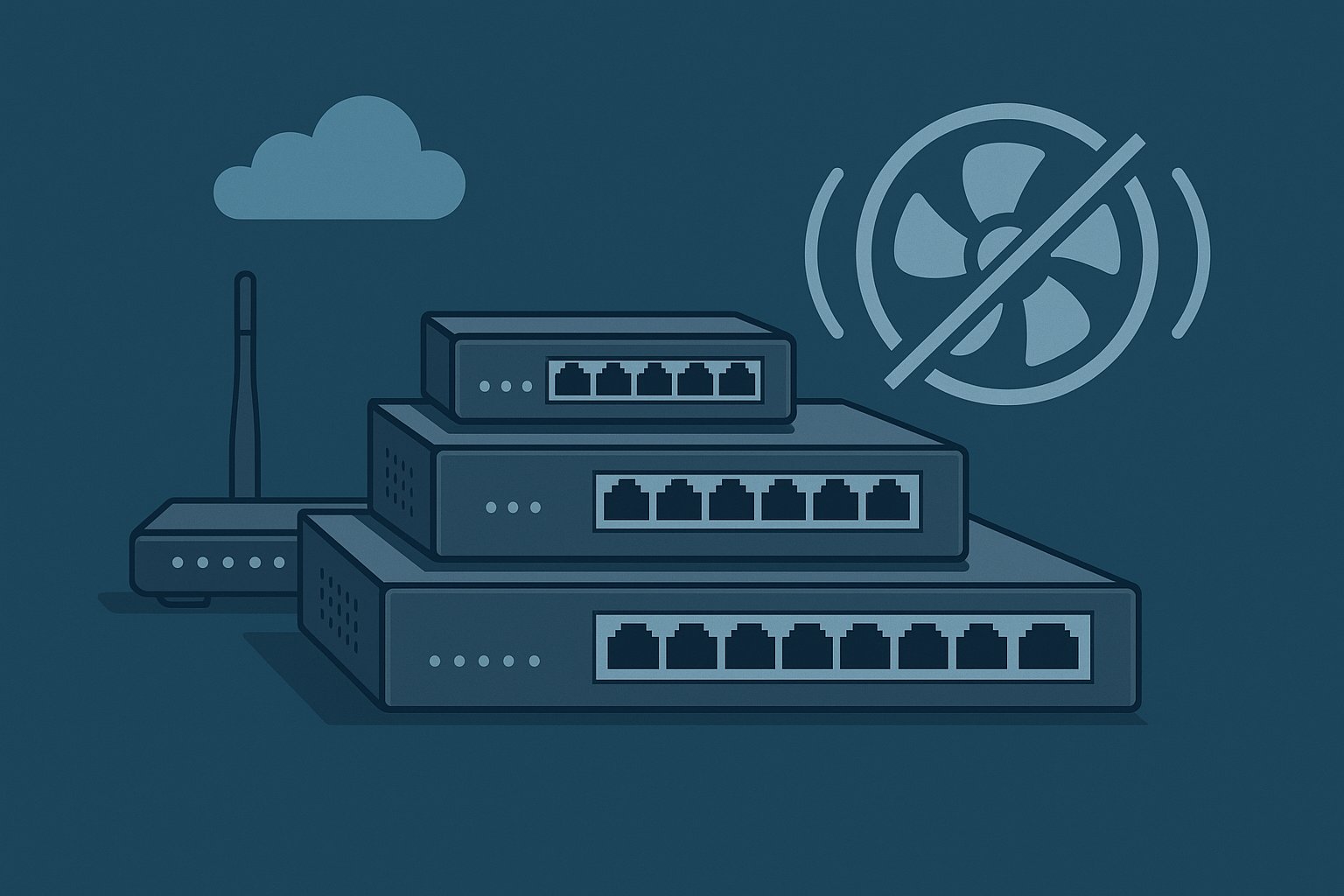 Illustration of three stacked D-Link fanless network switches with a wireless router and a silent operation icon featuring a crossed-out fan, all set against a blue gradient background