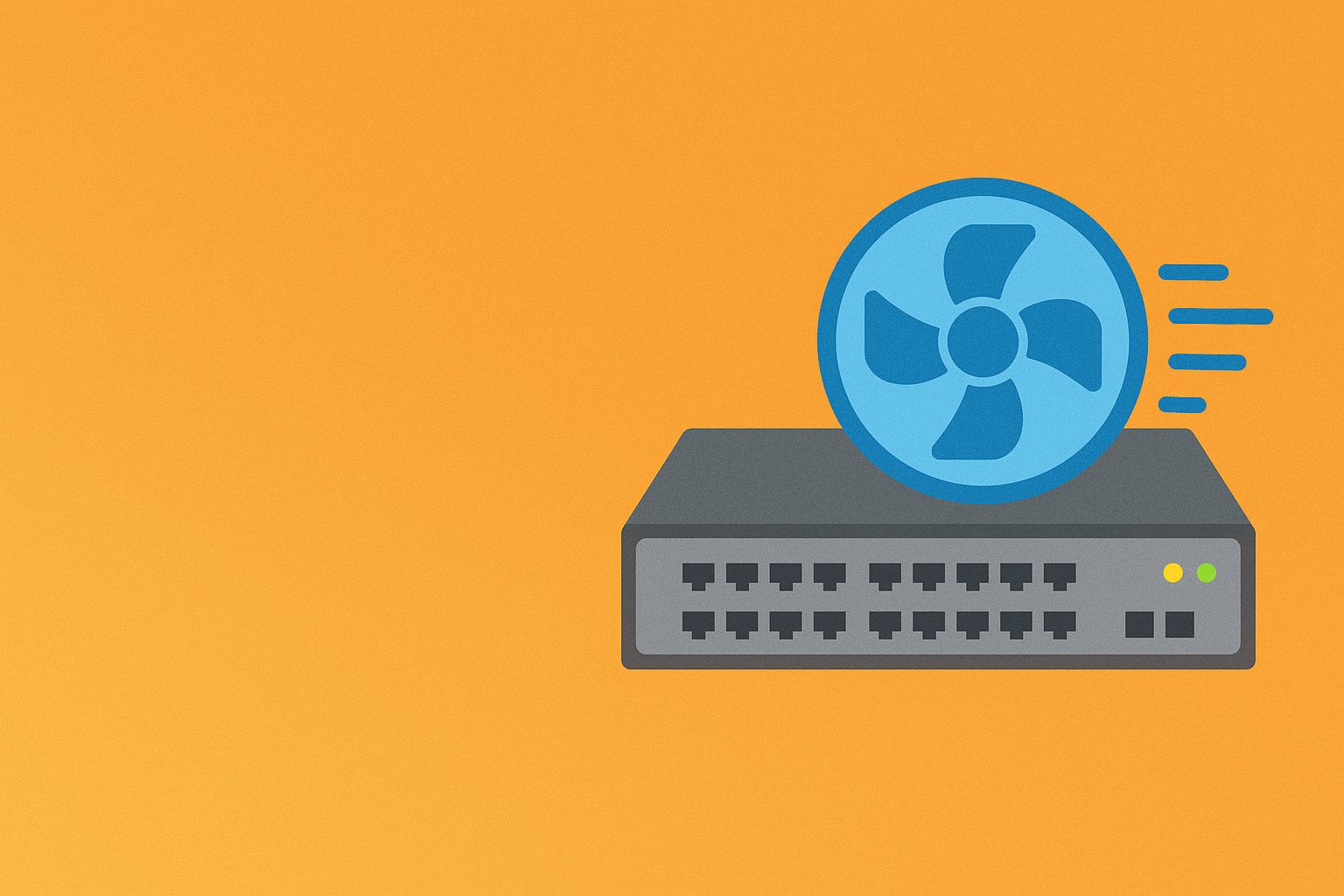 Flat-style illustration of a network switch with a blue cooling fan and airflow lines on an orange background, symbolizing D-Link Smart Fan Control technology.