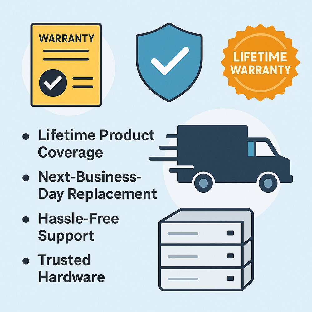 Illustration showing the key features of the D-Link lifetime warranty program, including icons for warranty, security shield, lifetime badge, and delivery truck, alongside a list of benefits such as Lifetime Product Coverage, Next-Business-Day Replacement, Hassle-Free Support, and Trusted Hardware.