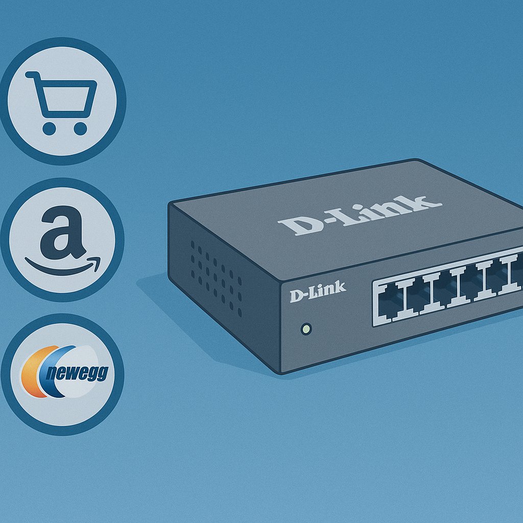 Illustration of a D-Link fanless network switch on the right, with icons representing a shopping cart, Amazon, and Newegg on the left, set against a blue gradient background to symbolize where to buy D-Link products.
