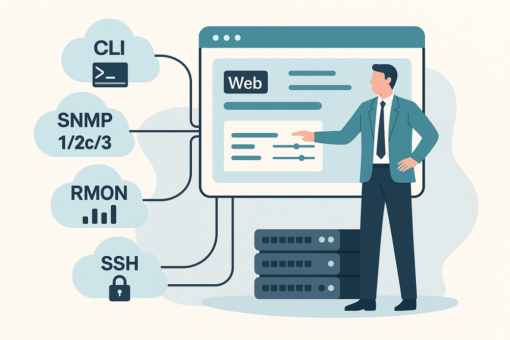 Illustration of a business professional holding a laptop, standing beside a large monitor displaying D-View 7 software with graphs, checklists, and a pie chart—representing enterprise-grade network management
