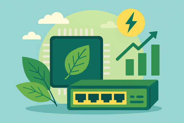 A flat-style digital illustration showcases an energy-efficient microchip with a leaf symbol, paired with a green Ethernet switch, rising bar graph, and yellow lightning bolt, symbolizing low power use and high performance.