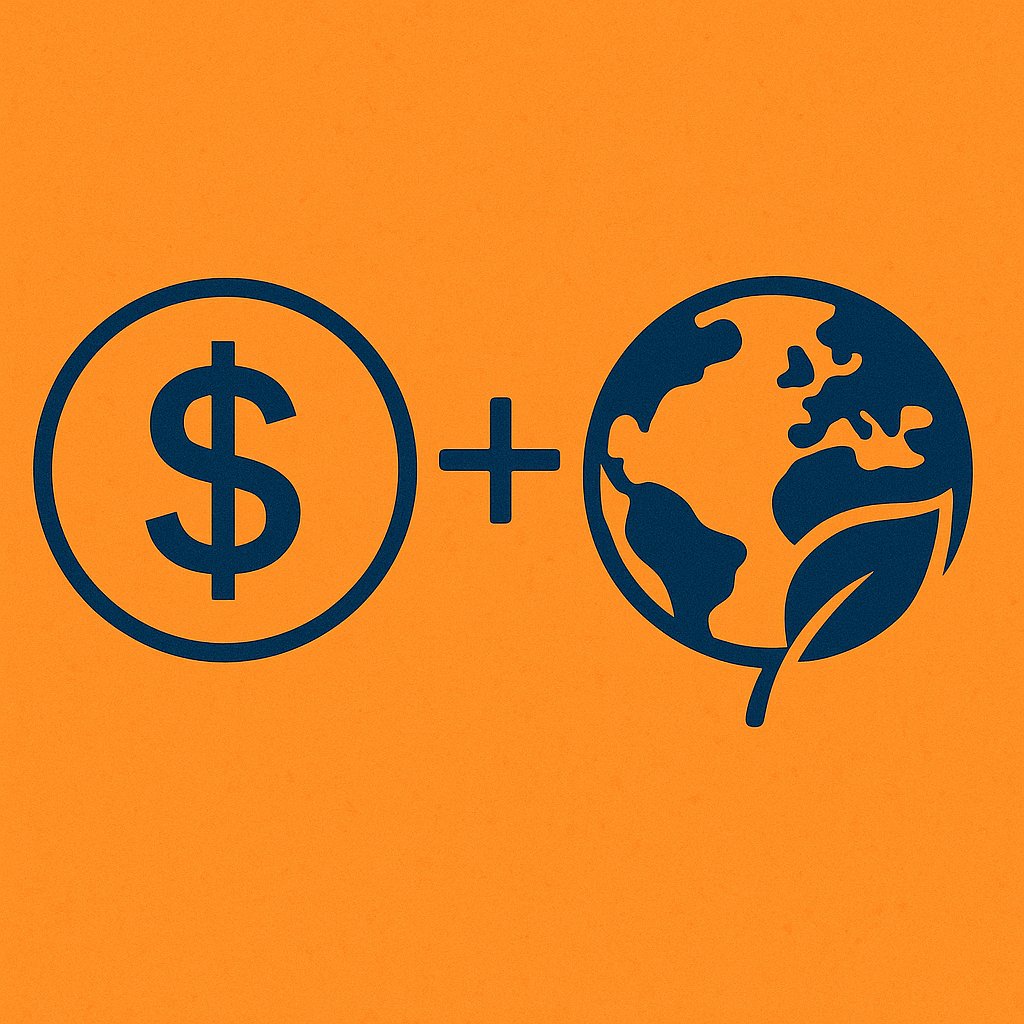 Flat-style illustration showing a navy blue dollar sign and Earth icon with a leaf, connected by a plus symbol, on an orange background—representing environmental and cost benefits