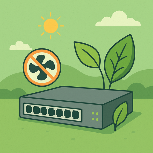 A flat-style digital illustration depicts an eco-friendly, fanless network switch surrounded by green leaves, a no-fan symbol, and a peaceful landscape under a sunny sky, symbolizing silent, energy-efficient design.