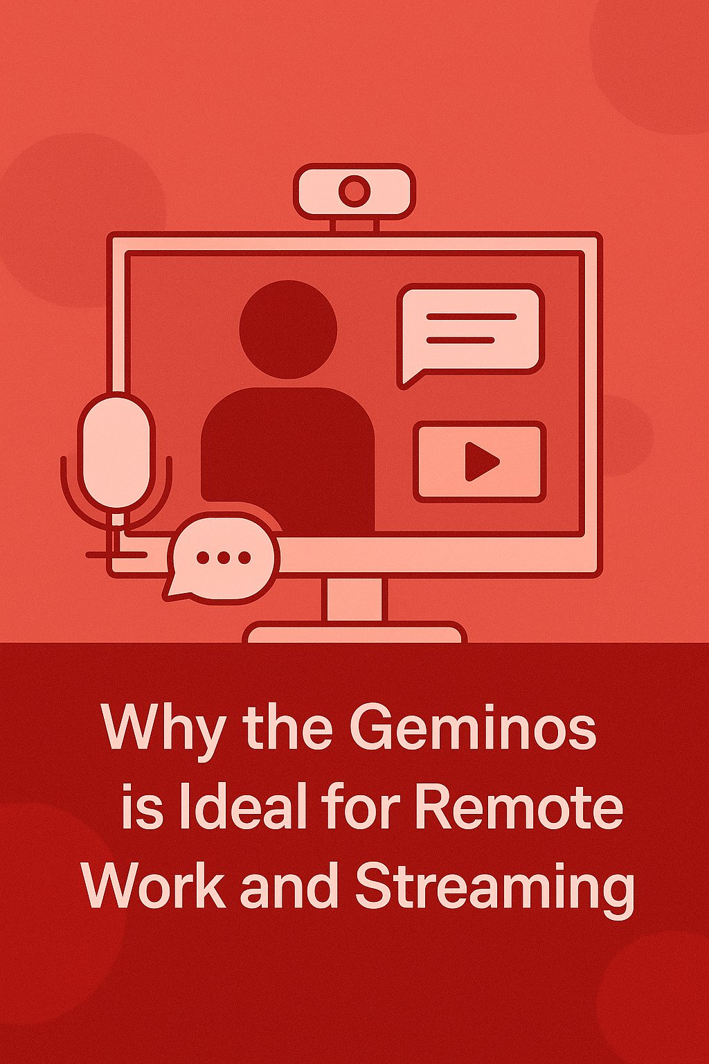 A flat-style digital illustration features a red-themed home office setup with a monitor displaying a video call, microphone, and chat icons, symbolizing the ideal environment for remote work and streaming.