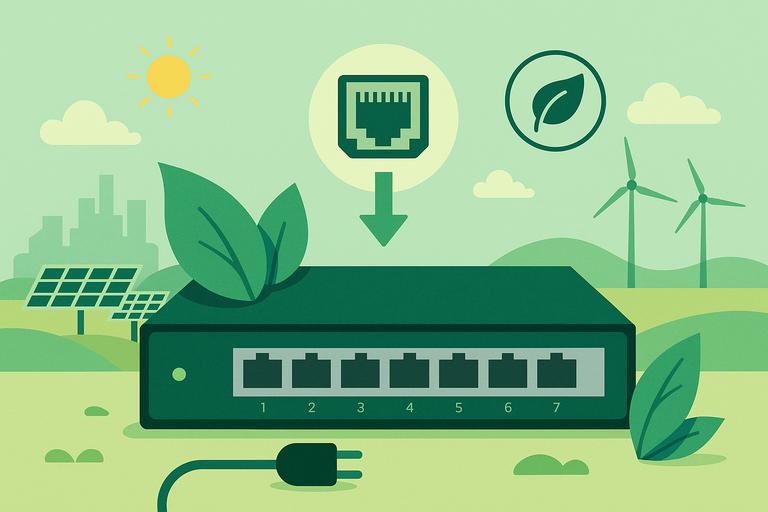 A flat-style digital illustration showcases an eco-friendly Ethernet switch surrounded by solar panels, wind turbines, green leaves, and energy-efficient port icons, symbolizing intelligent and sustainable network port management.