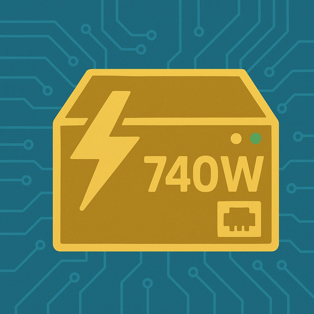 2D digital illustration of a gold-colored power module icon with a lightning bolt and Ethernet symbol, symbolizing 740W PoE power capacity, set against a teal-blue background with circuit patterns.