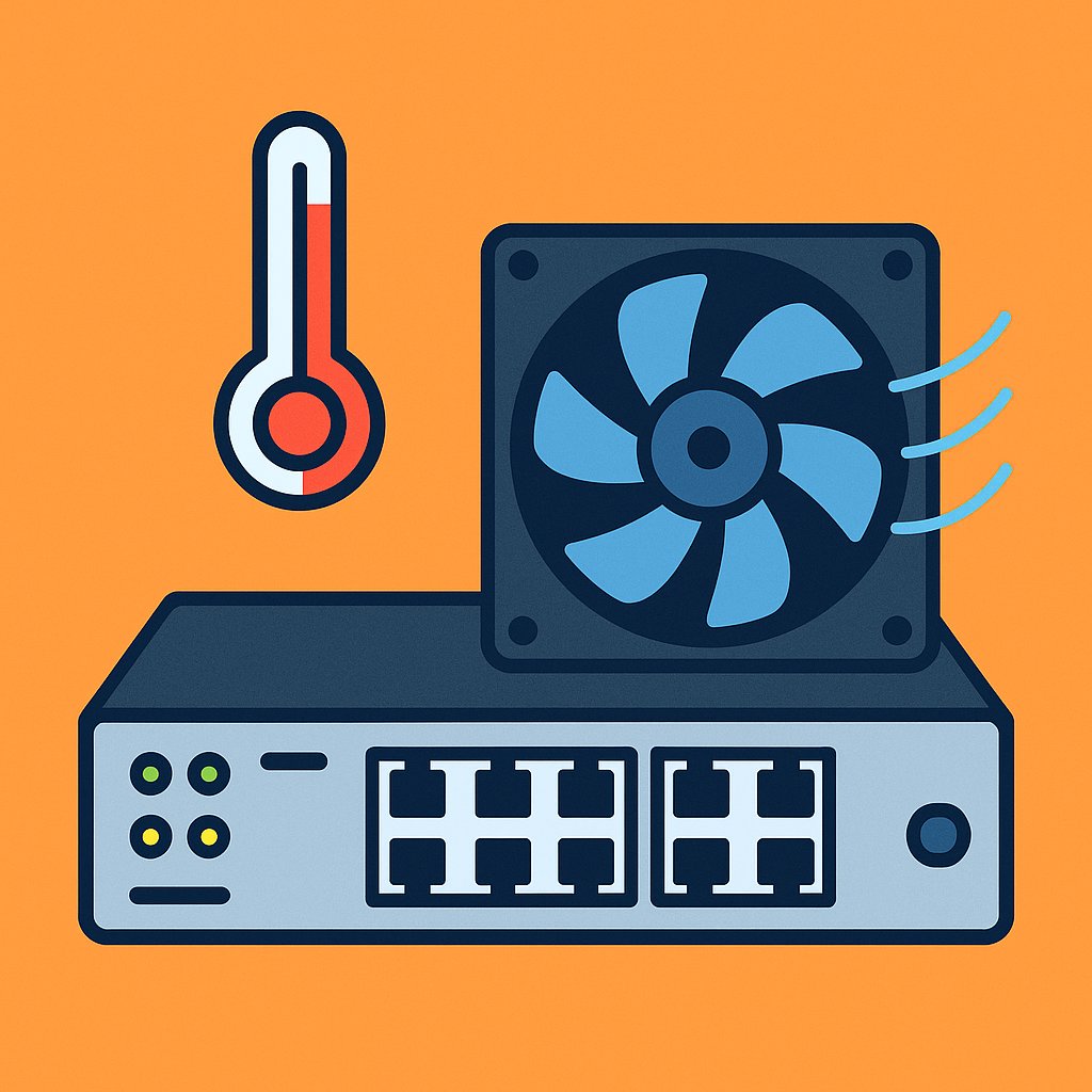 Flat-style illustration showing a network switch with multiple Ethernet ports, a large cooling fan, and a red thermometer—depicting the internal function and monitoring features of D-Link Smart Fan Control technology