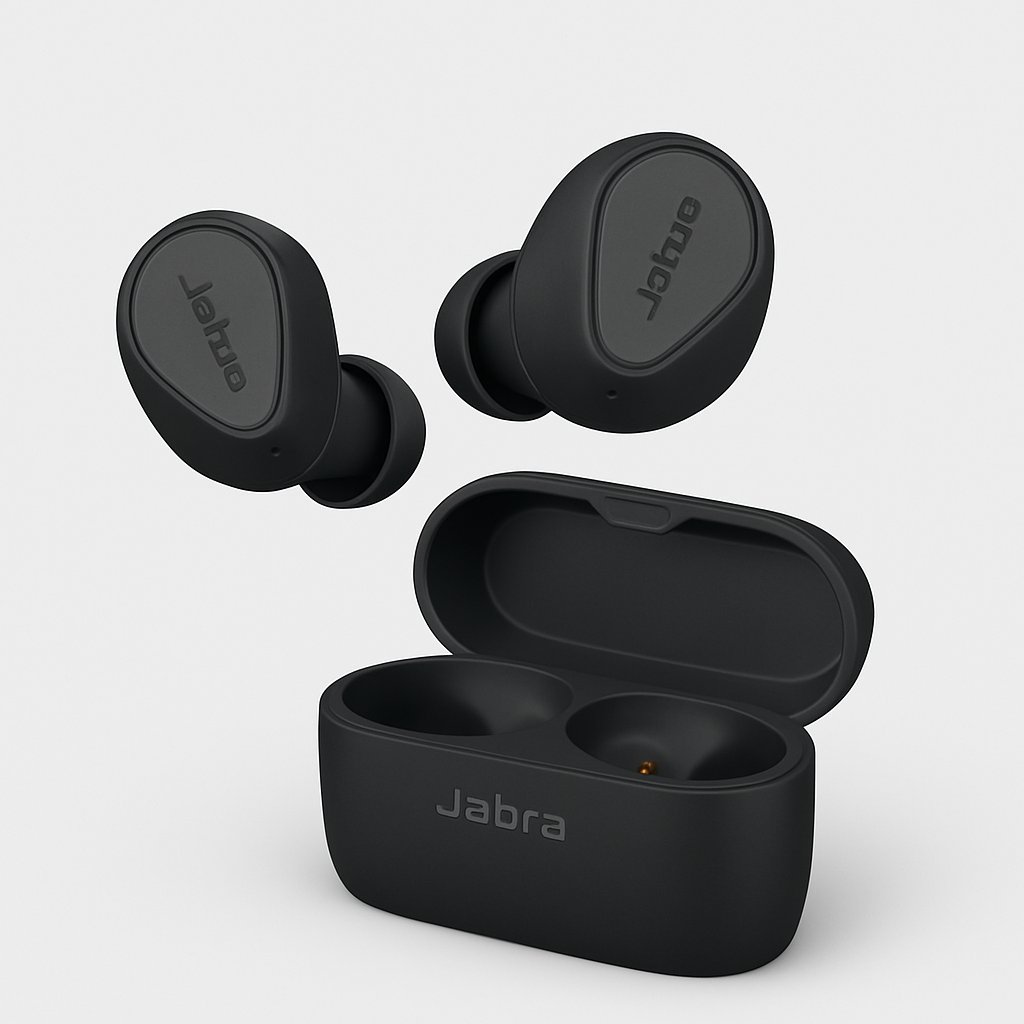 A digital photograph showcases Jabra true wireless earbuds and their charging case in matte black, positioned on a light gray background with no text.