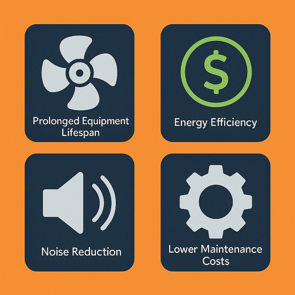 Flat-style illustration with four square icons on an orange background representing key benefits of D-Link Smart Fan Control: prolonged equipment lifespan, energy efficiency, noise reduction, and lower maintenance costs.