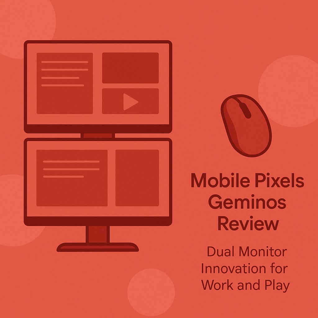 A flat-style digital illustration in red tones showing two vertically stacked monitors displaying content cards, accompanied by a wireless mouse and stylized review text on the right, representing a dual monitor setup.