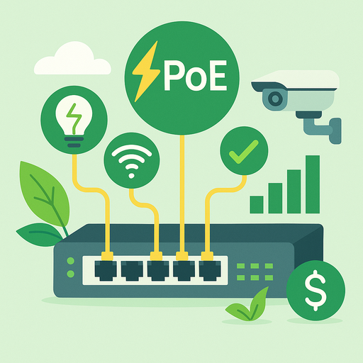 A flat-style digital illustration showcases Power over Ethernet (PoE) with a central network switch powering icons like a lightbulb, Wi-Fi signal, and security camera, representing efficient power distribution and connectivity.