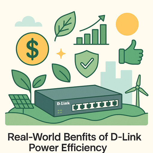  flat-style digital illustration showcases the real-world benefits of D-Link power efficiency, featuring a D-Link switch surrounded by eco-friendly icons, a dollar sign, growth chart, shield, solar panel, and cityscape background.