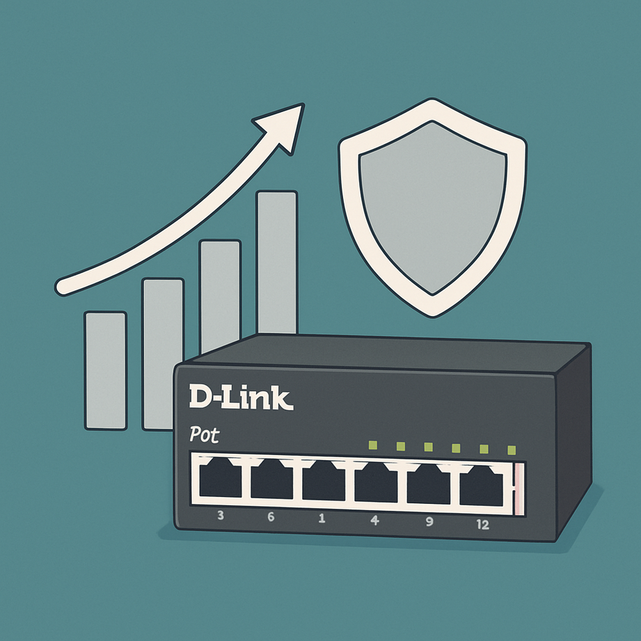 llustration of a D-Link PoE switch alongside a bar graph with an upward arrow and a shield icon, symbolizing network scalability and reliability, set against a teal background.