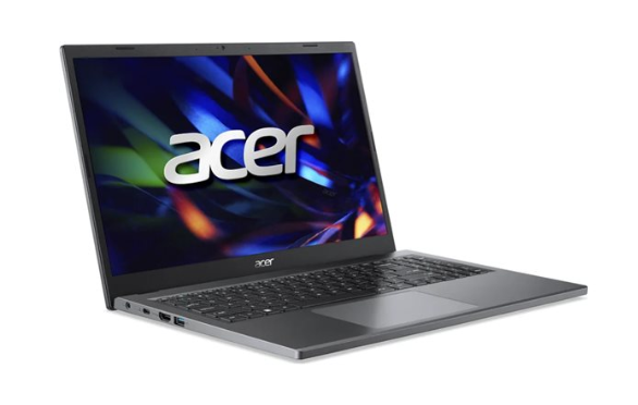 Side view of the Acer EX215-23-R6G8 laptop with a vivid screen displaying the Acer logo, featuring a slim design and full keyboard layout.