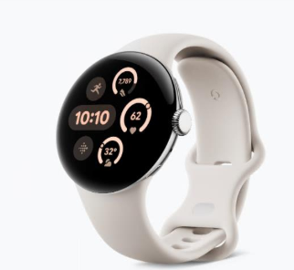 Google Pixel Watch with round display showing fitness tracking metrics and a beige sport band