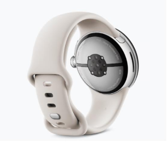 Back view of Google Pixel Watch with heart rate sensor and beige sport band