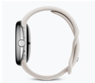 Side view of Google Pixel Watch with digital crown and beige sport band.