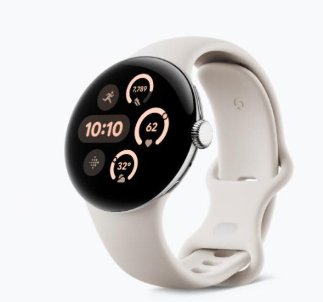 Google Pixel Watch with circular display showing fitness tracking widgets and beige band