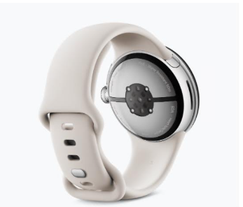 Rear view of Google Pixel Watch showing heart rate sensor with beige sport band
