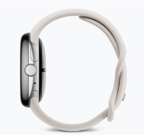 Slim side profile of Google Pixel Watch with digital crown and beige sport band