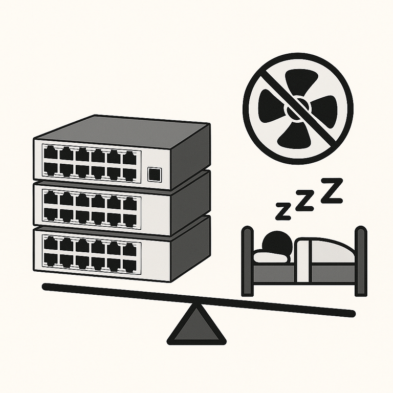 Illustration showing a stack of network switches, a crossed-out fan icon, and a person sleeping to convey silent networking.