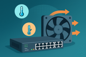 A 2D digital illustration shows a network server alongside a large cooling fan emitting airflow, with temperature icons representing intelligent fan control for energy-efficient cooling and hardware longevity.