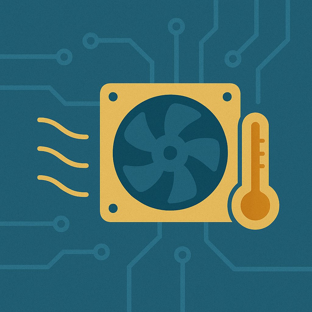 Flat digital illustration of a computer cooling fan and a thermometer, representing smart fan control and temperature monitoring, placed on a blue circuit-themed background.