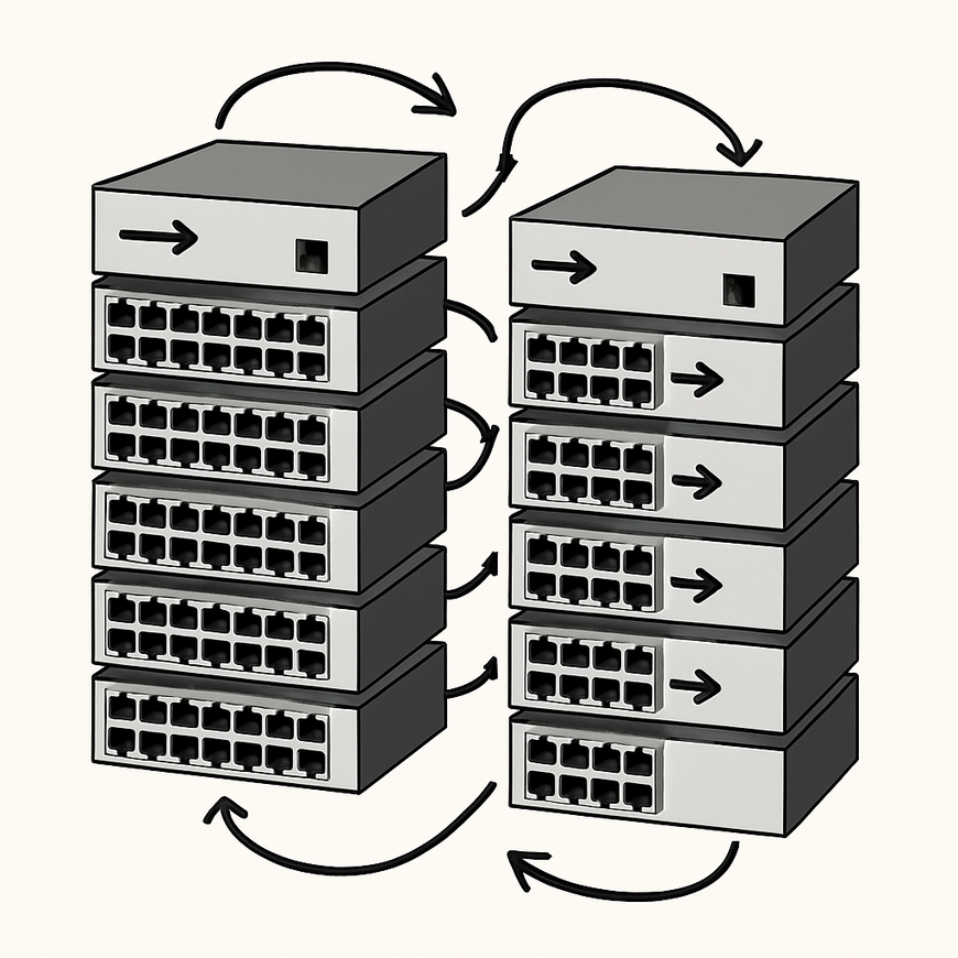 Two vertical stacks of four network switches each, connected by curved arrows to illustrate virtual switch stacking