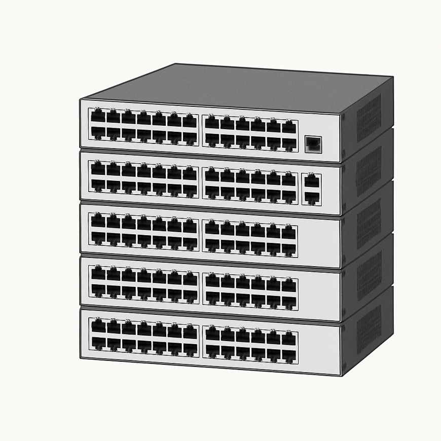 A minimalist digital illustration of four stacked enterprise network switches, each featuring multiple Ethernet ports and side ventilation, representing a scalable, high-density network setup.