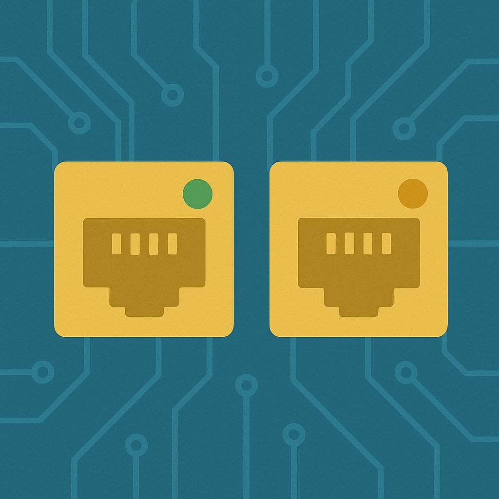 Flat digital illustration of two Ethernet port icons, each with LED indicators, symbolizing PoE and PoE+ support, placed on a stylized teal circuit board background