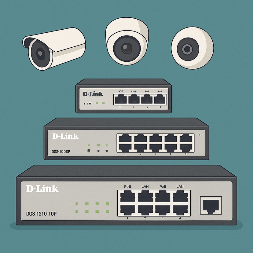 Illustration of three D-Link PoE switches, each with varying port counts, powering different types of security cameras against a teal background—representing top picks for surveillance networks.
