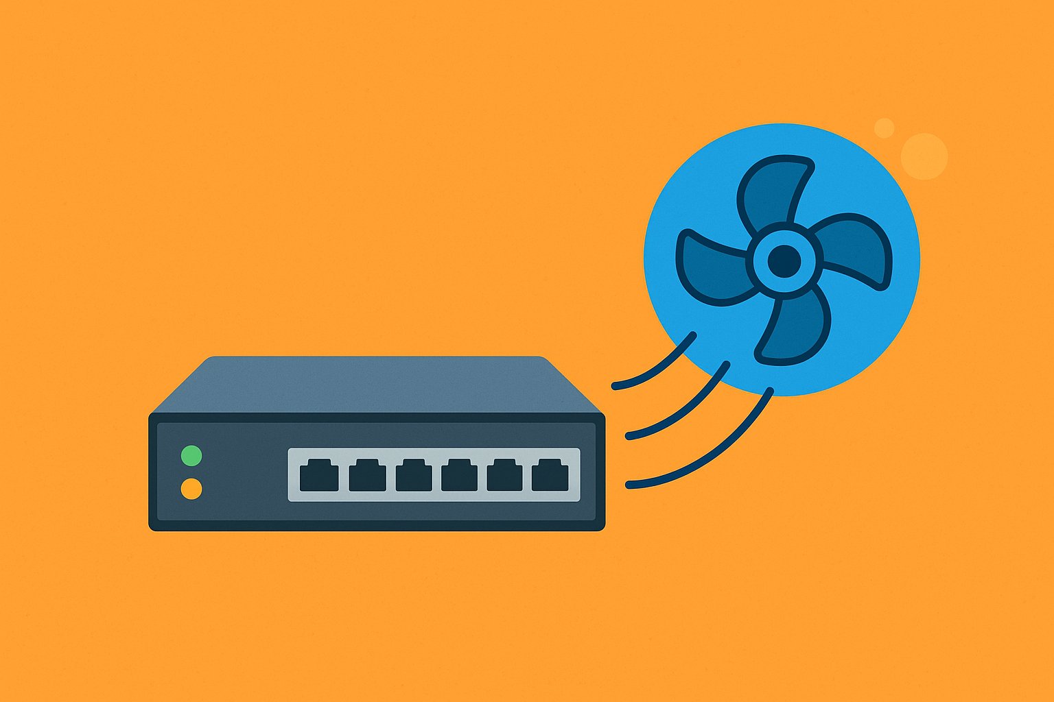 Flat-style illustration showing a network switch and a large blue cooling fan with airflow lines on an orange background, symbolizing D-Link Smart Fan Control technology.