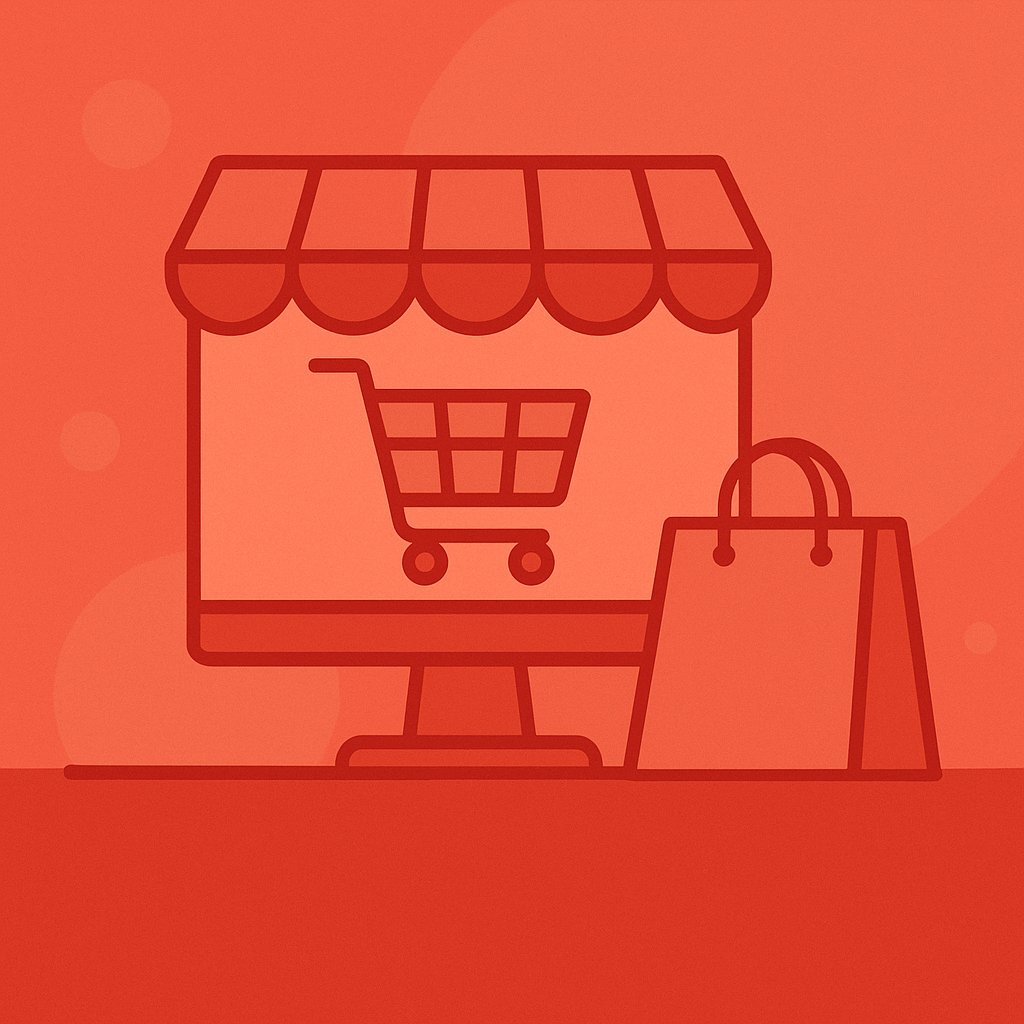 A flat-style digital illustration in red tones featuring a computer monitor with a shopping cart icon and a storefront awning, accompanied by a shopping bag, representing online purchasing.