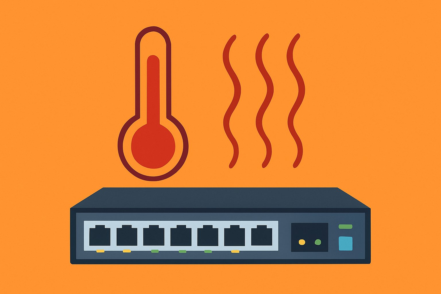 Flat-style illustration depicting a network switch with a red thermometer and rising heat lines, emphasizing the importance of heat management in networking.