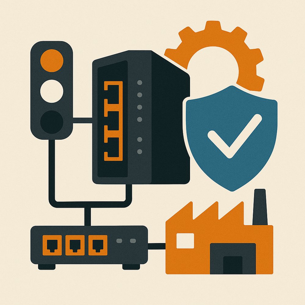 Flat-style illustration depicting the importance of industrial Ethernet, showing connected icons including a traffic signal, industrial switch, factory, gear, and a security shield with a checkmark—symbolizing durability, reliability, and infrastructure integration.