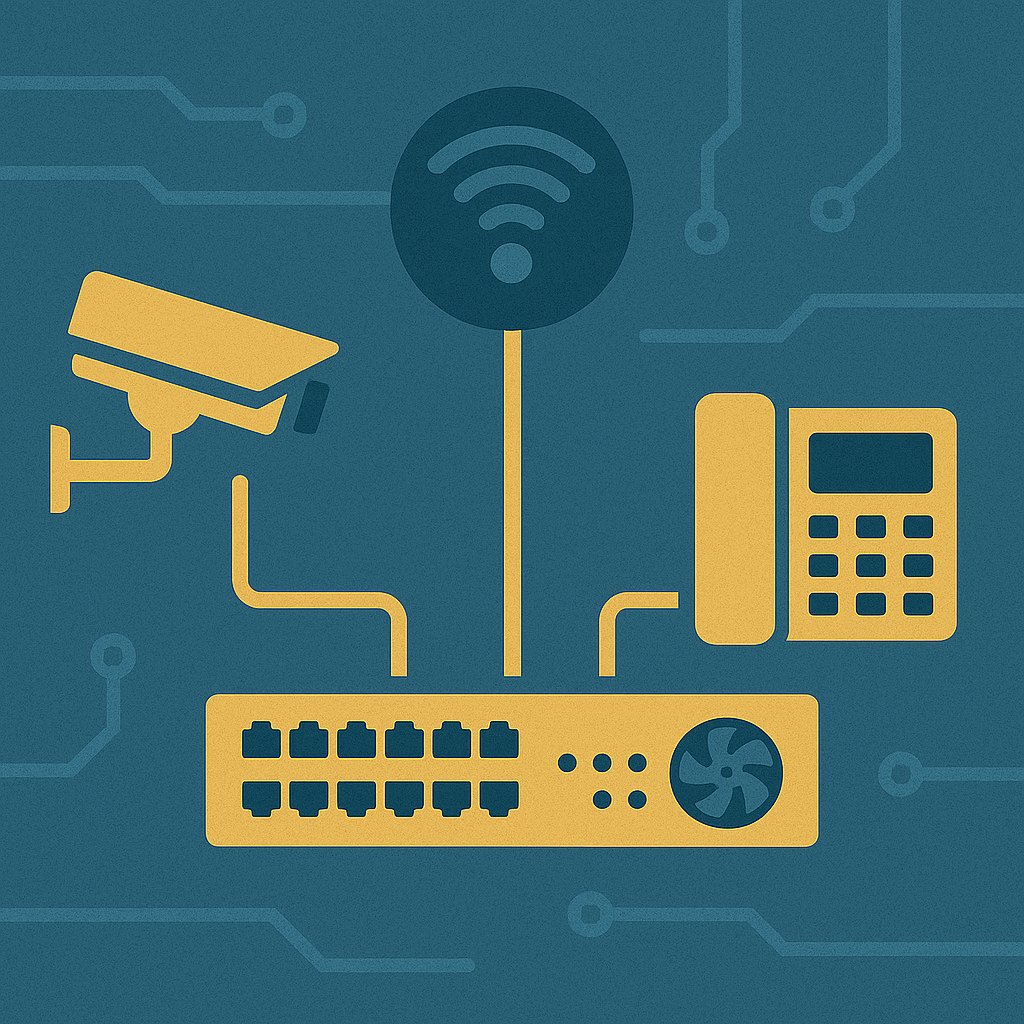 Flat-style digital illustration showing a network switch connected to a surveillance camera, a Wi-Fi access point, and a VoIP phone, representing enterprise device integration and network efficiency.