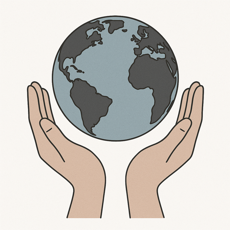 A flat-style illustration of two human hands gently cupping the Earth, symbolizing care and responsibility, set against a neutral background.