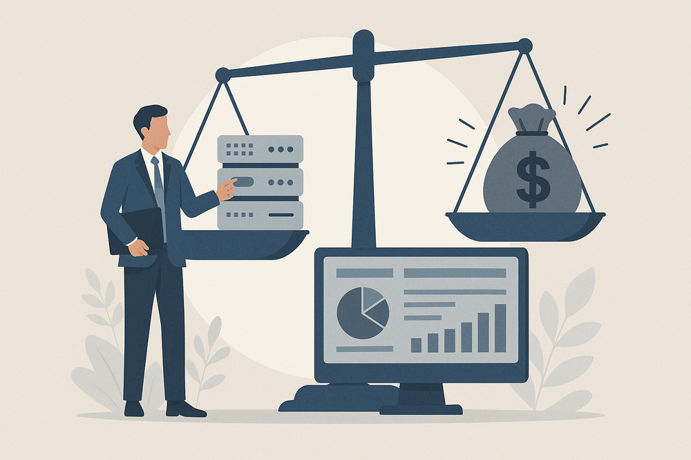 Illustration of a business professional standing beside a balance scale with servers on one side and a money bag on the other, symbolizing the value and cost-efficiency of enterprise network solutions.